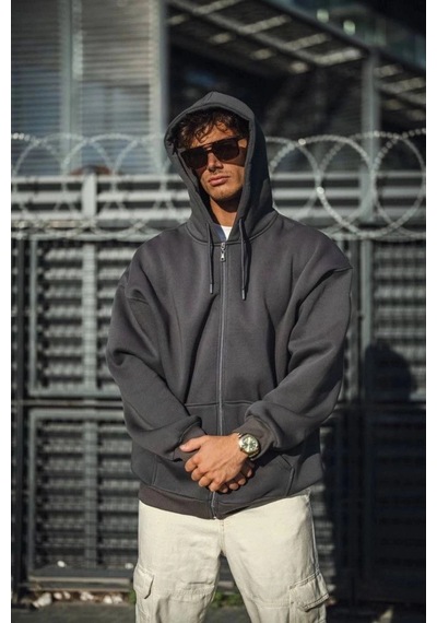 Freedom Storee Erkek Tam Fermuarlı Cepli Kapüşonlu 3 İplik Pamuklu Hoodie Sweatshirt - Füme Çok Renkli