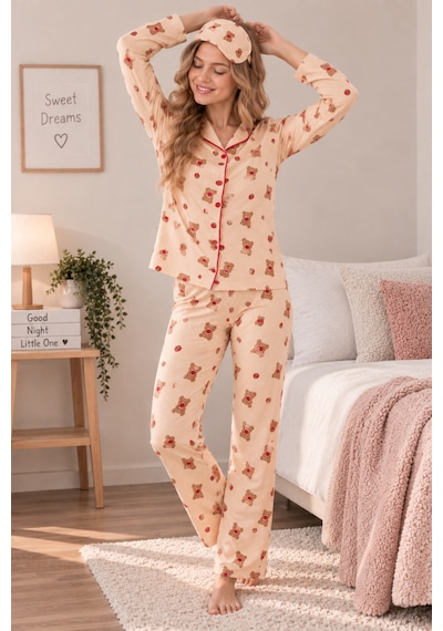 Free Beka Krem Ayıcık Desenli Biye Detaylı Kadın Uzun Kollu Pijama Takımı