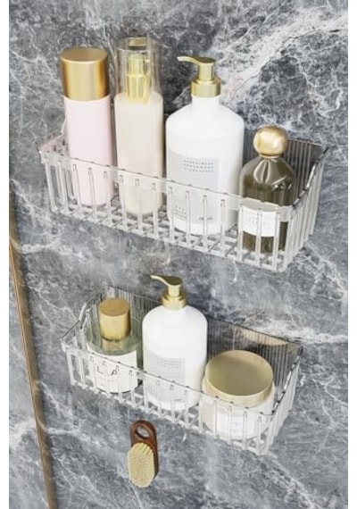 Banyor Yapışkanlı Banyo Rafı, 2'li Banyo Düzenleyici Organizer Banyo Duş Rafı Şampuanlık, Plstik Açık Ahşap