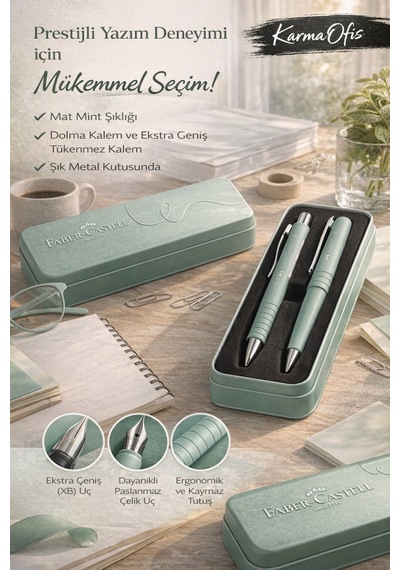 Faber-castell Poly Mat Yazım Seti Mint Dolma Kalem & Xb Tükenmez Kalem + Metal Kutu Diğer