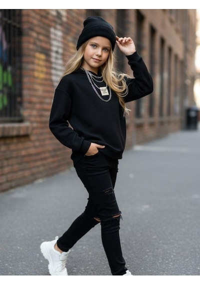 Kız Çocuk File Detaylı Kapüşonlu Sweatshirt-16680 Siyah