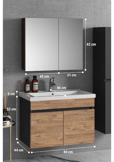 Çiğdem 80 Cm Antrasit Gri Mat-Atlantik Çam Mdf Seramik Lavabolu A Antrasit - Atlantik Çam