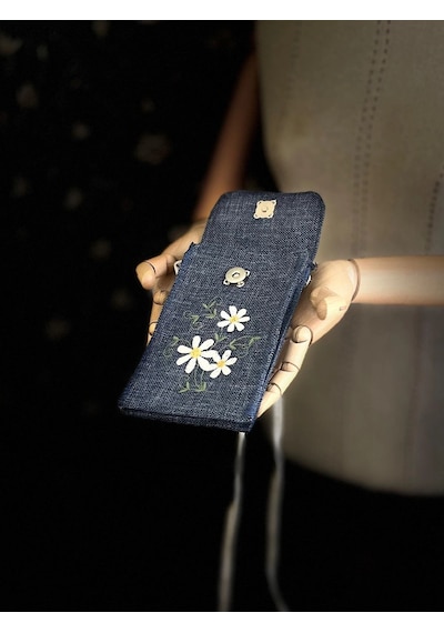 Meadov Nakış İşlemeli Keten Telefon Çantası, Telefon Kılıfı V27 Mavi
