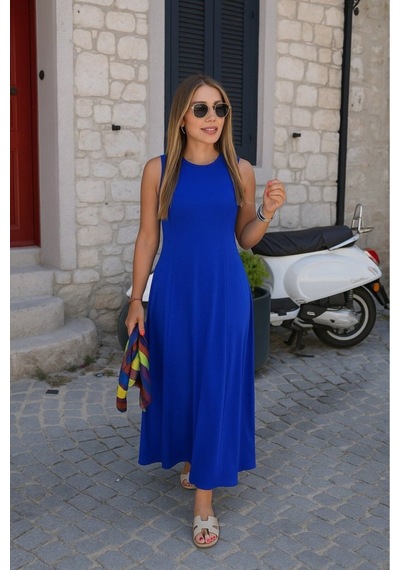 Butik İstanbul Kadın Sıfır Kollu Bisiklet Yaka Viskon Elbise Saks Mavi