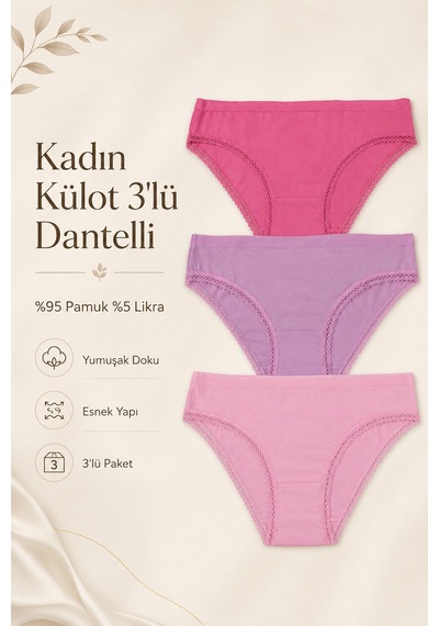 Nicoletta Kadın Külot 3 Lü Paket Likralı Dantelli Pamuklu Likrali 313010 Çok Renkli