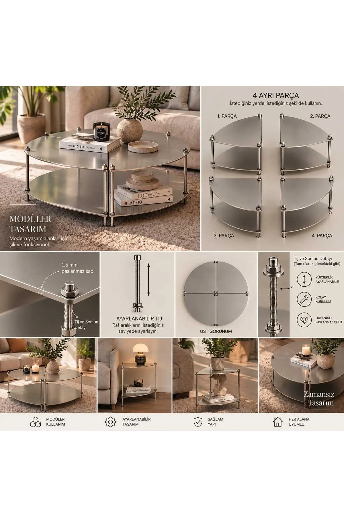 Modüler Krom Orta Sehpa Ve Raf Sistemi - 4 Parça Set 90 Cm Gri