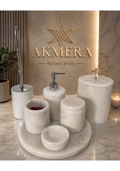 Akmera Elite 7 Parça %100 Gerçek Mermer Banyo Seti Beyaz - Gri