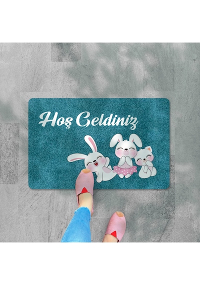 Dijital Baskılı Kapı Önü Paspas Hoşgeldiniz Yazılı Çiçek Desen Ve Tavşan Iç Ve Dış Kapı Yıkanabilir Kırmızı Rengi
