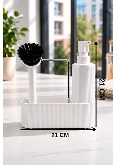 Mutfak Lavabo Düzenleyici Sıvı Sabunluk Ve Fırça Seti Beyaz Organizer