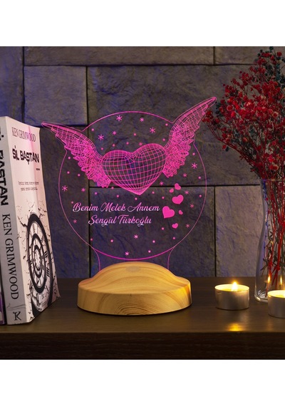 3D Led Lamba 3Boyutlu Melek Annem Kanatlı Kalp Kişiye Özel Hediye
