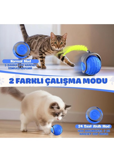 Akıllı Kedi Oyun Topu - Otomatik Yuvarlanan İnteraktif Kedi Oyuncağı - Şarj Edilebilir Evcil Hayvan Oyun Arkadaşı - Farklı Hız Ve Oyun Modları - Led Işıklı - Tüylü Kovalama Kuyruğu Mavi