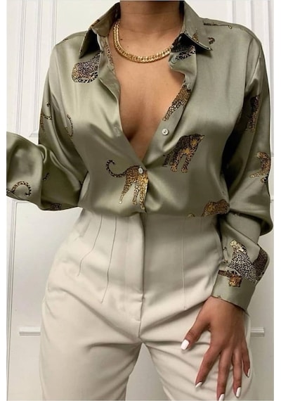 Madmext Mad Girls Leoparlı Vizon Saten Gömlek Mg187