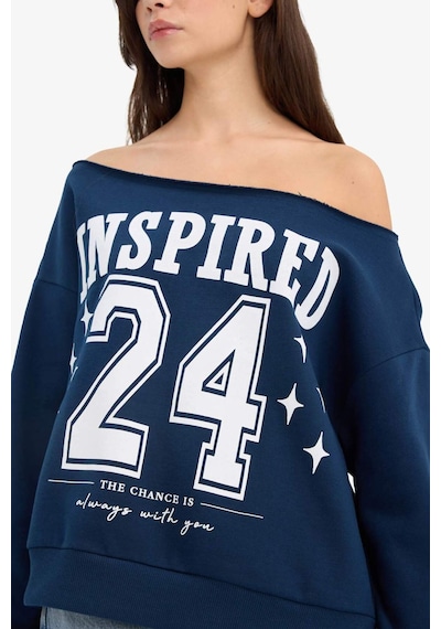 Defacto Oversize Geniş Kalıp Açık Omuz Baskılı Kalın Sweatshirt G7182ax25cwnv1 Lacivert-nv1