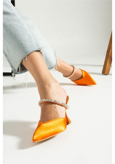 Duxal Shoes Turuncu Saten Taş Detaylı Topuklu Ayakkabı Turuncu