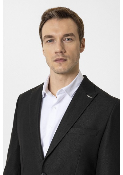 Süvari Siyah Slim Fit Desenli Sivri Yaka 6 Drop Spor Takım Elbise
