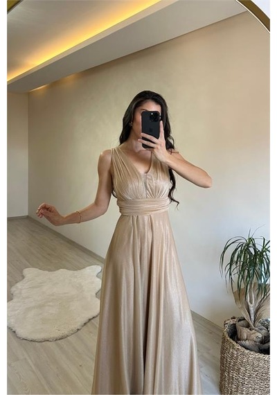 Neşeli Butik Kadın Drapeli Işıltılı Kalın Askılı Abiye Elbise Nm003 Sarı