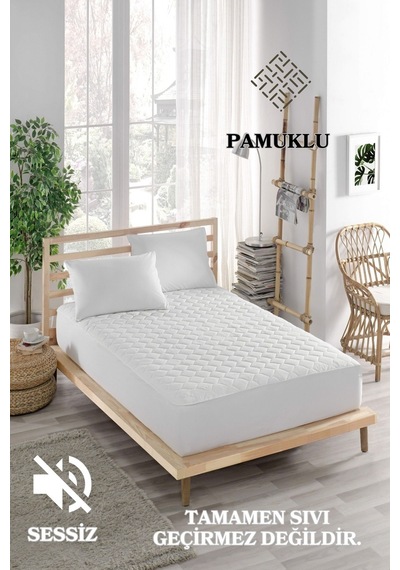 Sessiz Pamuklu Alez Yatak Koruyucu Kapitoneli Fitted Beyaz Çift Kişilik Beyaz