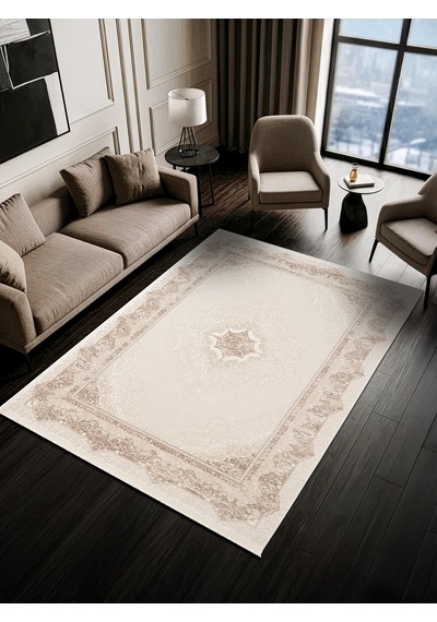 Look Classıc Lk004g Çerçeveli Krem Klasik Desen Akrilik Dokuma Taban Tozuaz Oturma Odası Halısı-1032 Krem
