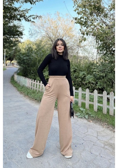 Kadın Camel Beli Lastikli, Cepli Örme Dokuma Kumaş, Bol Paça, Salaş Pantolon Camel