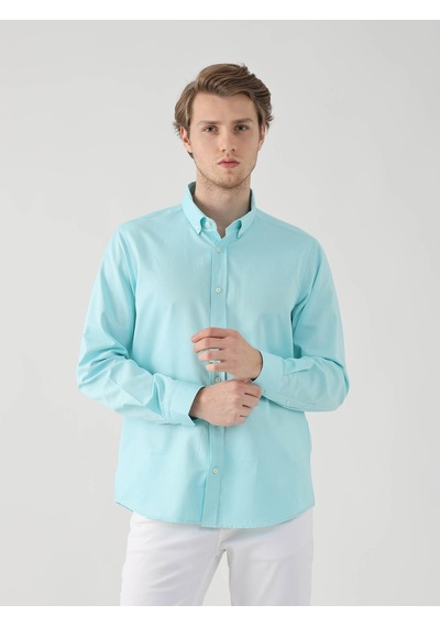 Dufy Mint Yeşili Erkek Slim Fit Brent Düğmeli Yaka Uzun Kol Gömlek - 92093 Mint