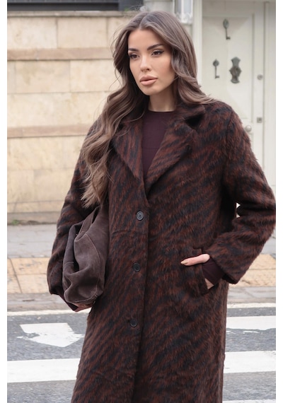 Zebra Desenli Kaşe Kaban 7124 Kahverengi
