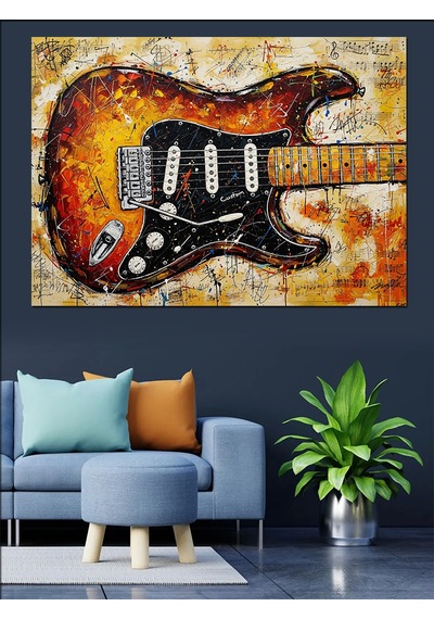 Elektrogitar Soyut Çizimi Dekoratif Kanvas - Mdf Ahşap Tablo