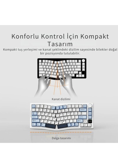 Aks075 Ergonomik Gift Switch-mekanik Klavye-bt5.1/2.4gwireless/usb-hot Swap Dinamik Rgb - Mavi