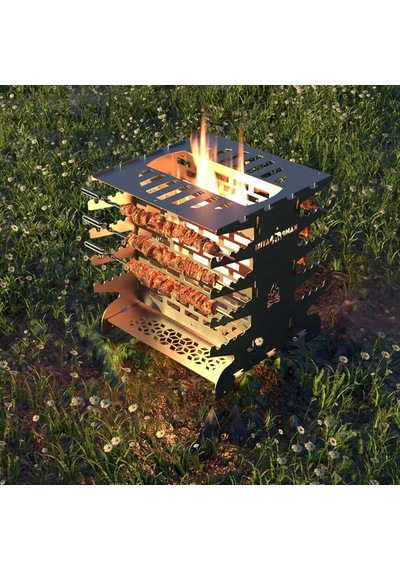 Kamp Ayısı 2mm Galvaniz Metal Grillspett Çift Taraflı Dikey Şiş Mangal Izgarası - 6 Şiş Hediyeli, Özel Taşıma Çantalı Gri