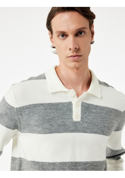 Koton Regular Fit Uzun Kollu Polo Yaka Triko Kazak Gri Çizgili 6wam70012ht Gri Çizgili