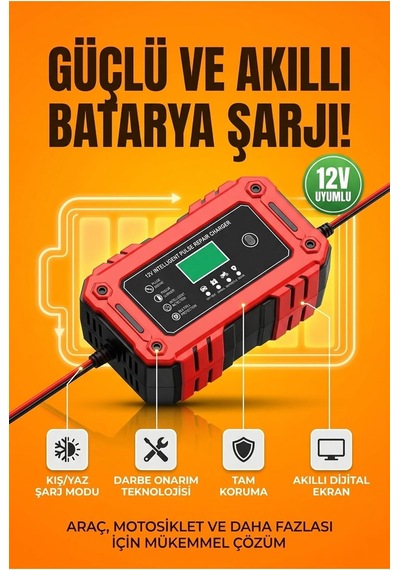 Tr 12v 6a Akıllı Darbeli Akü Şarj Cihazı, Lcd Ekranlı, Profesyonel Onarım Modlu, Araba Motosiklet Uyumlu