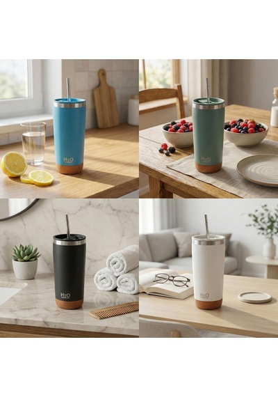 590 Ml Paslanmaz Çelik Pipetli Termos Kupa - 4 Renk Seçeneği Siyah, Yeşil, Gri, Mavi - Sıcak Ve Soğuk Tutan Mug - Araç Ve Ofis Bardağı Mavi Çok Renkli