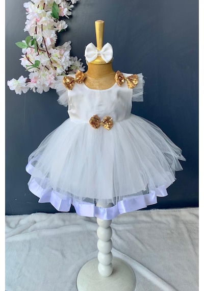 Mnk Baby & Kids Pul Payet Fiyonklu Saten Kız Bebek Mevlütlük Elbise Pnpn176 Beyaz