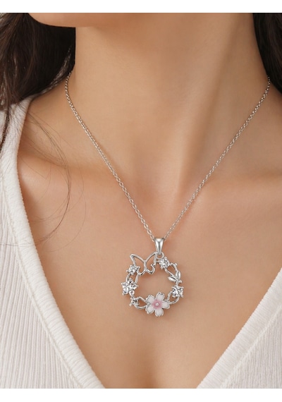 Butterfly Detaylı Çiçek Motifli 316l Çelik Kolye Hediye Altın - Gümüş