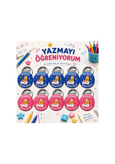 Yazmayı Öğreniyorum 58 Mm İğneli Rozet 10 Adet - Öğrenci Başarı Ve Motivasyon Rozeti Çok Renkli