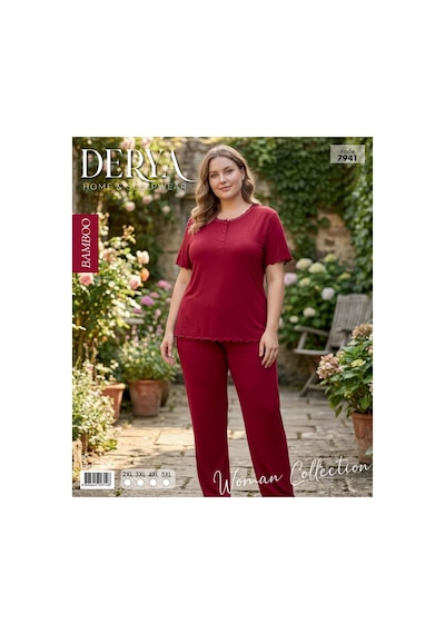 Derya Kadın Bambo Büyük Beden Düğme Yaka İnce Kısa Kol Pijama Takımı 7941 - 1 Adet Bordo