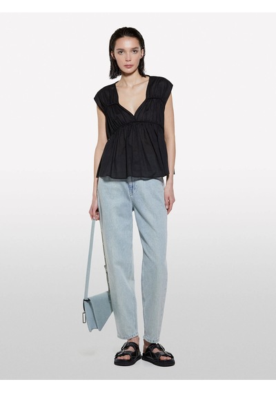 Sisley %100 Pamuk Büzgülü Kolsuz V Yaka Bluz Kadın Siyah Bluz - 325p5ho1lq08x