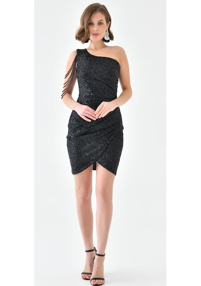 Hanife Glam Couture Hanife Glam Tek Omuz Taş Tasarımlı Mini Pulpayet Elbise Siyah