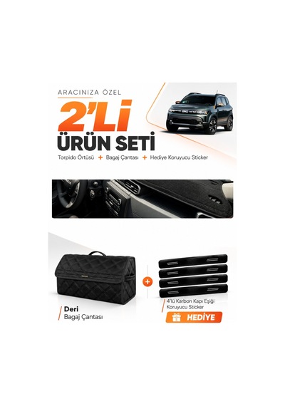 Dacia Duster 3 Nesil 2024-2026 Uyumlu Torpido Örtüsü + Deri Bagaj Çantası + Sticker Seti - Siyah