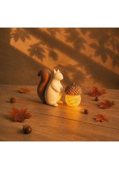 Sincap Ve Meşe Palamudu Biblo / Masaüstü, Raf Dekoru / Mini Sonbahar Kış Temalı Tealight Mumlu Set / 10x7 Cm Mum Dahil. Ten, Kahverengi