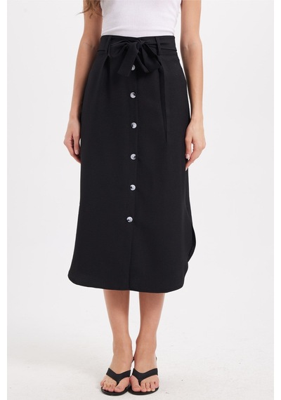 Tudors Kadın Slim Fit Dar Kesim Pileli Pamuklu Ön Düğme Kapamalı Kuşaklı Yırtmaçlı Siyah Etek -50946