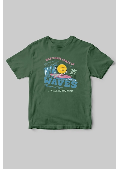 Denizde Sörf Güneş Baskılı Yazlık %100 Pamuk Haki T-shirt Haki