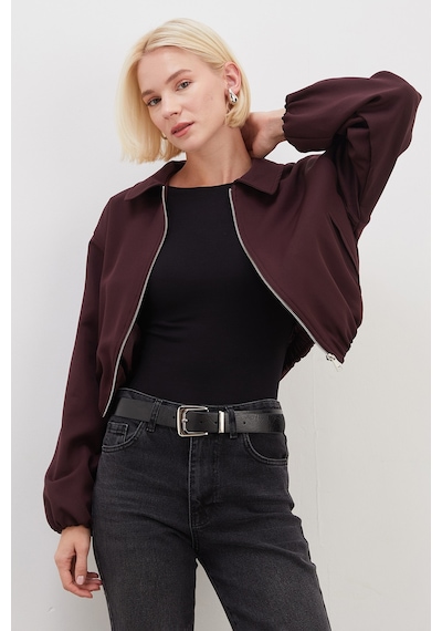 Fullamoda Fermuarlı Polo Yaka Bomber Ceket Mürdüm