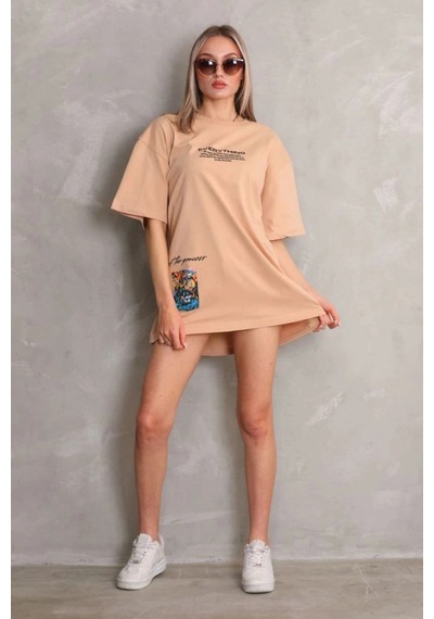 Freedom Storee Kadın Bisiklet Yaka Baskılı Oversize Kısa Kol T-shirt - Bej Çok Renkli