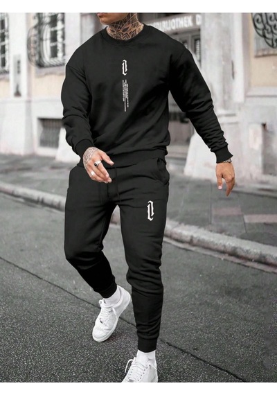 Erkek Siyah Dikey Baskılı Oversize Bisiklet Yaka Eşofman Takımı 001