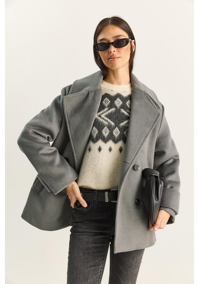 Shade Kadın Kruvaze Yaka Astarlı Kısa Oversize Kaşe Kaban 3508 60283850 - Koyu Gri