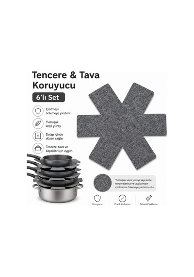 Tencere & Tava Koruyucu Keçe Ayırıcı 6 Lı Set Çizilmeyi Önlemeye Yardımcı Gri Tava Koruma Pedi