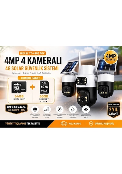 X5 Tech Yt-74gz Aov 4mp 4 Kameralı +1 Yıllık Sim Kart +64gb Hafıza Kartı Güneş Enerjili Tak Çalıştır