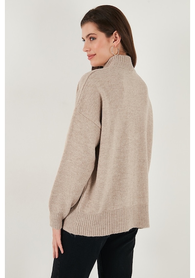 Lela Premium Oversize Fit Balıkçı Yaka Yumuşak Dokulu Triko Bayan Kazak 680Kz00469 Vizon