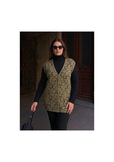 Onno Style Women Kalp Desenli Düğmeli Klasik Çelik Örgü Triko Yelek Bej