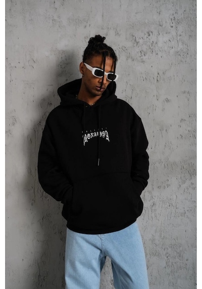 Erkek Baskılı Kapüşonlu Ve Kanguru Cepli Sweatshirt Hoodie- Siyah